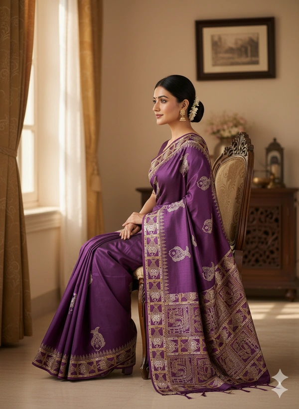 SKU1064 : Exclusive Indian Soft Bishnupuri Katan Silk Saree | Premium Quality - Block Print, Dry Wash Only, Yes