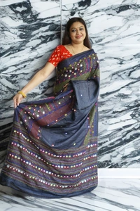 SKU-0180, Tussar->Lambani Hand Stitch->With Blouse Piece - Normal Length 6.5 mtr, Blue, Designer/Contemporary, Dry Clean Only, Yes