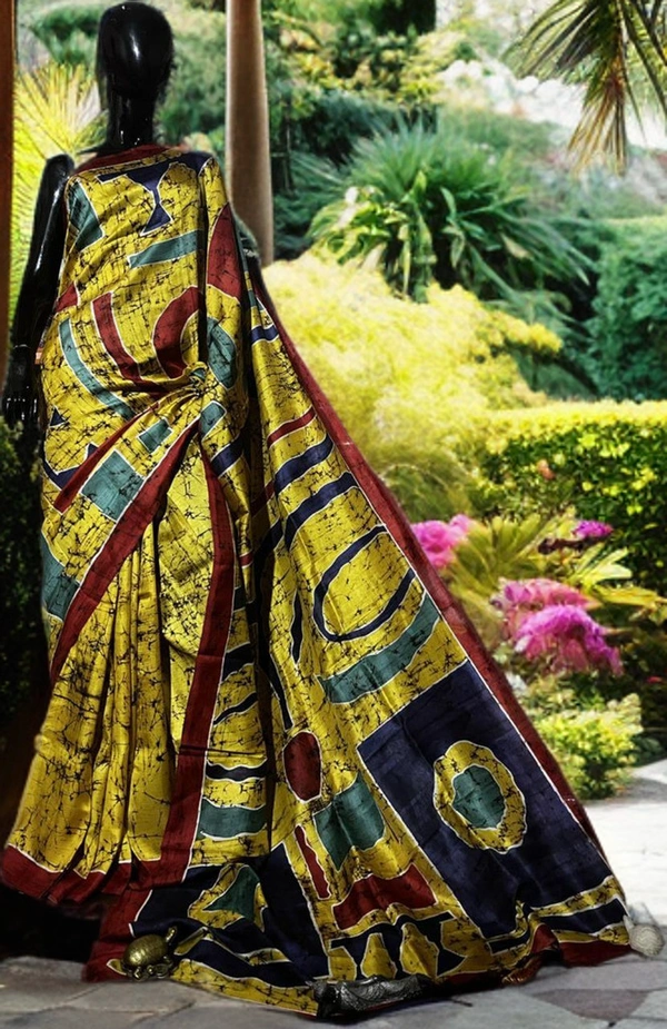 SKU-0160, Pure Silk->Wax Batik->Hand Printing->With Blouse Piece - Normal Length 6.3 mtr Plus, Golden Yellow, Hand Print, Hand Wash, Yes
