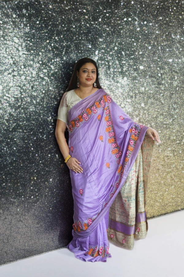 SKU-0177, Tussar->Chickonkari->Madhubani Printing->With Blouse Piece - Normal Length 6.5 mtr, Lavender, Madhubani / Warli, Dry Clean Only, Yes