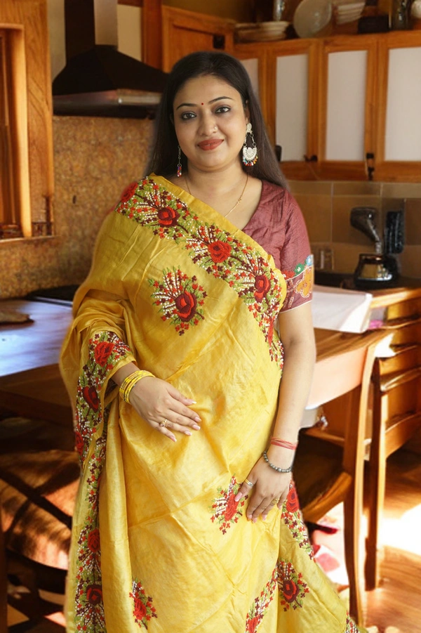 SKU-0179, Tussar->Parsi Work->Hand Stitch->With Blouse Piece - Normal Length 6.5 mtr, Yellow, Designer/Contemporary, Dry Clean Only, Yes