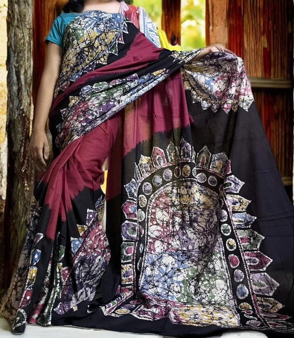 SKU-0155, Pure Cotton->Wax Batik->Hand Printing->With Blouse Piece - Normal Length 6.3 mtr Plus, Meroon, Hand Print, Hand Wash, Yes