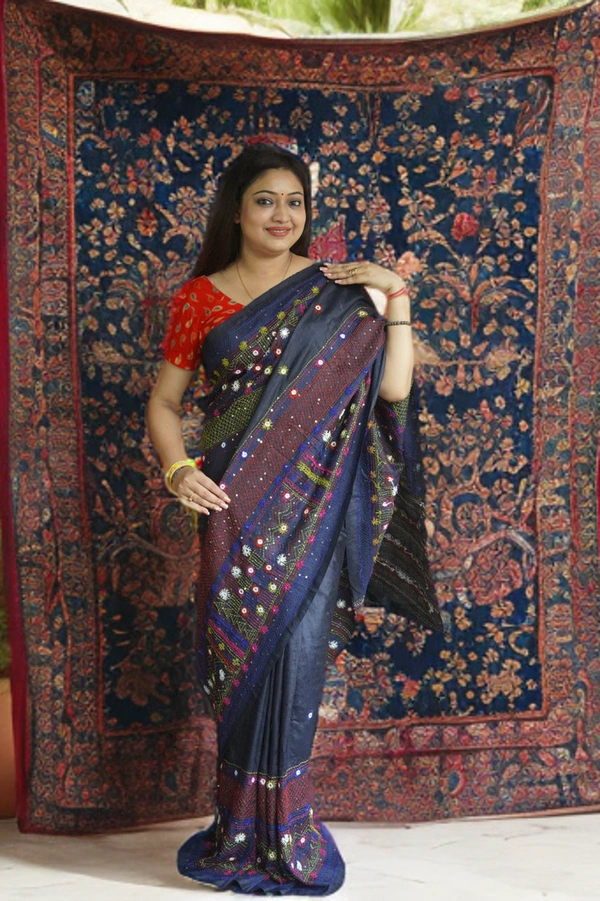 SKU-0180, Tussar->Lambani Hand Stitch->With Blouse Piece - Normal Length 6.5 mtr, Blue, Designer/Contemporary, Dry Clean Only, Yes