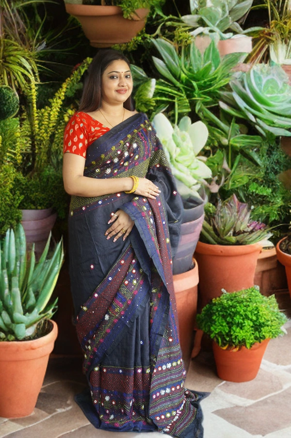 SKU-0180, Tussar->Lambani Hand Stitch->With Blouse Piece - Normal Length 6.5 mtr, Blue, Designer/Contemporary, Dry Clean Only, Yes