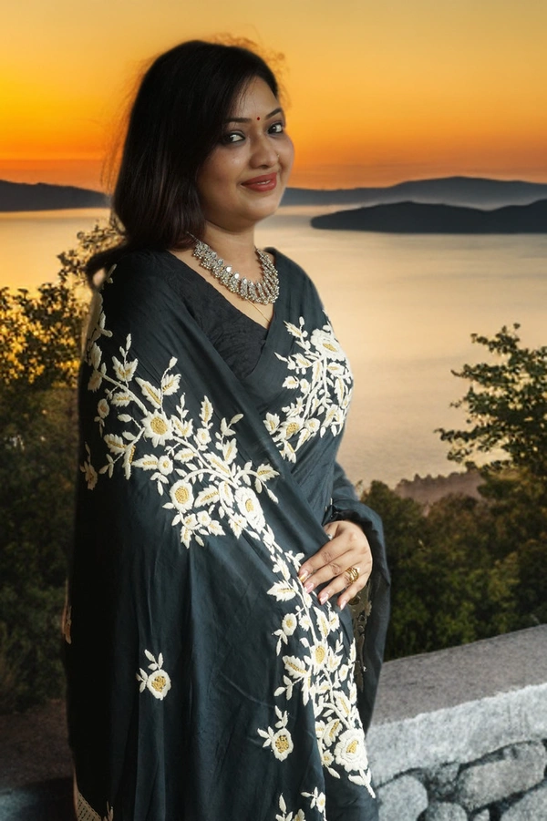 SKU-0186, Pure Silk->Parsi Embroidery->Hand Stitch->With Blouse Piece - Normal Length 6.3 mtr, Black, Designer/Contemporary, Dry Clean Only, Yes