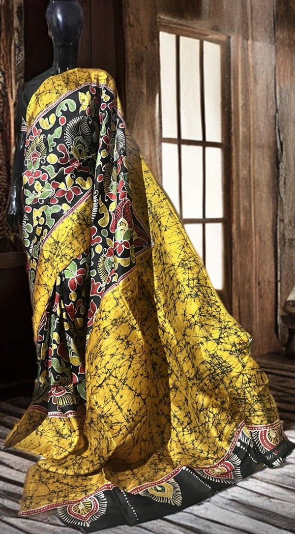 SKU-0156, Pure Silk->Wax Batik->Hand Printing->With Blouse Piece - Normal Length 6.3 mtr Plus, Golden Yellow, Hand Print, Hand Wash, Yes