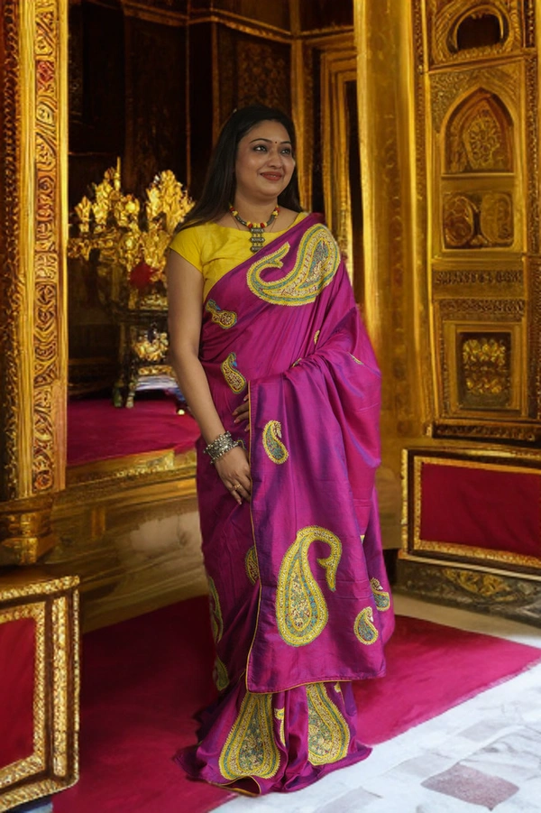 SKU-0184, Katan Silk->Dual Tone->Kashmiri Hand Stitch->With Blouse Piece - Normal Length 6.3 mtr, Rani With Blue Shade, Designer/Contemporary, Dry Clean Only, Yes