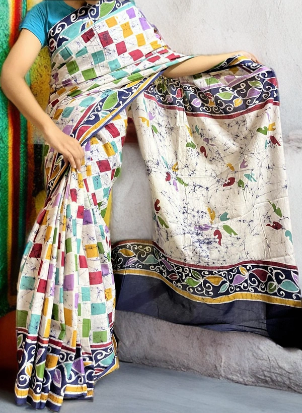 SKU-0150, Pure Cotton->Wax Batik->Hand Printing->With Blouse Piece - Normal Length 6.3 mtr Plus, Cream, Hand Print, Hand Wash, Yes