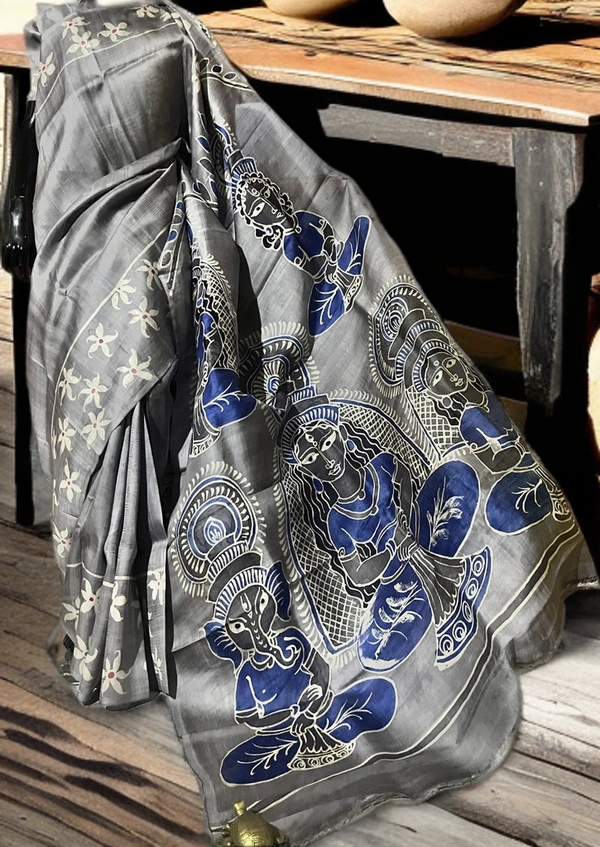 SKU-0161, Pure Silk->Wax Batik->Hand Printing->With Blouse Piece - Normal Length 6.3 mtr Plus, Steel Grey, Hand Print, Hand Wash, Yes