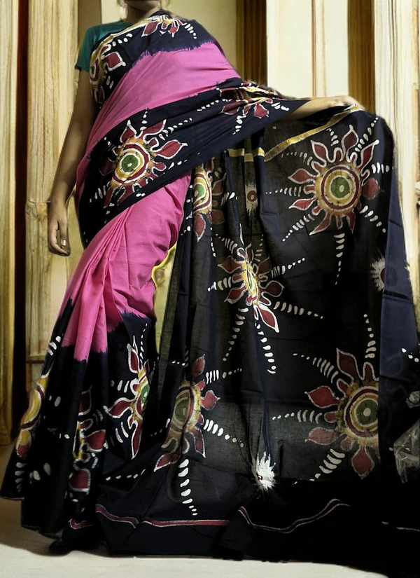 SKU-0157, Pure Cotton->Wax Batik->Hand Printing->With Blouse Piece - Normal Length 6.3 mtr Plus, Pink, Hand Print, Hand Wash, Yes