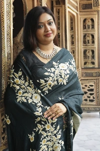 SKU-0186, Pure Silk->Parsi Embroidery->Hand Stitch->With Blouse Piece - Normal Length 6.3 mtr, Black, Designer/Contemporary, Dry Clean Only, Yes