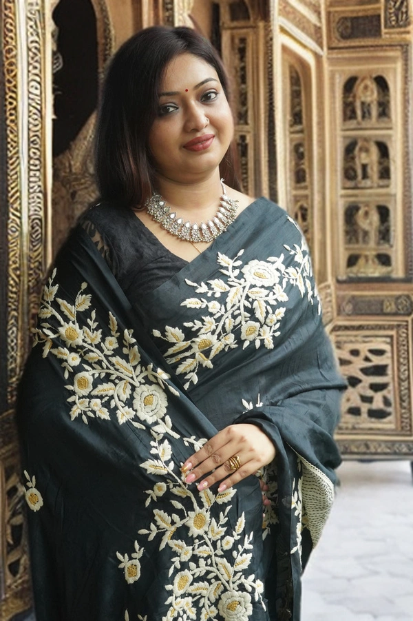 SKU-0186, Pure Silk->Parsi Embroidery->Hand Stitch->With Blouse Piece - Normal Length 6.3 mtr, Black, Designer/Contemporary, Dry Clean Only, Yes