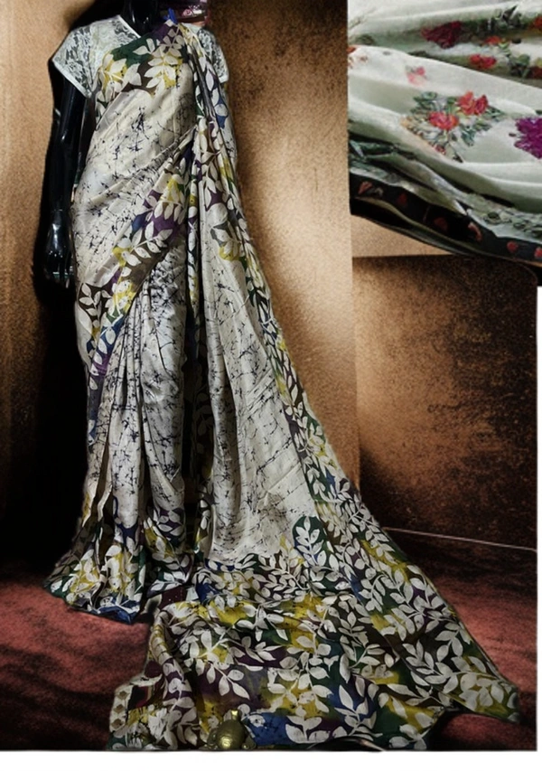 SKU-0158, Pure Silk->Wax Batik->Hand Printing->With Blouse Piece - Normal Length 6.3 mtr Plus, Offwhite, Hand Print, Hand Wash, Yes