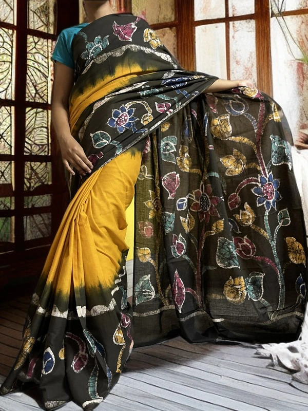 SKU-0152, Pure Cotton->Wax Batik->Hand Printing->With Blouse Piece - Normal Length 6.3 mtr Plus, Yellow, Hand Print, Hand Wash, Yes