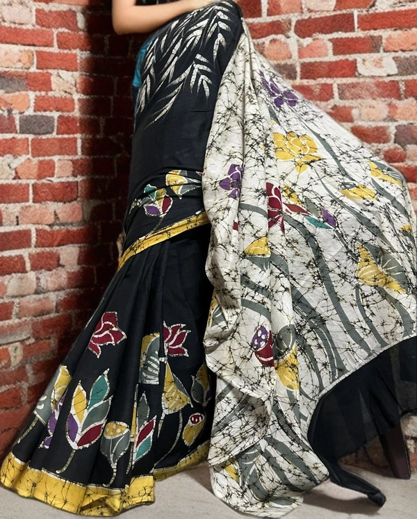 SKU-0153, Pure Cotton->Wax Batik->Hand Printing->With Blouse Piece - Normal Length 6.3 mtr Plus, Black And Offwhite Contrast Color, Hand Print, Hand Wash, Yes