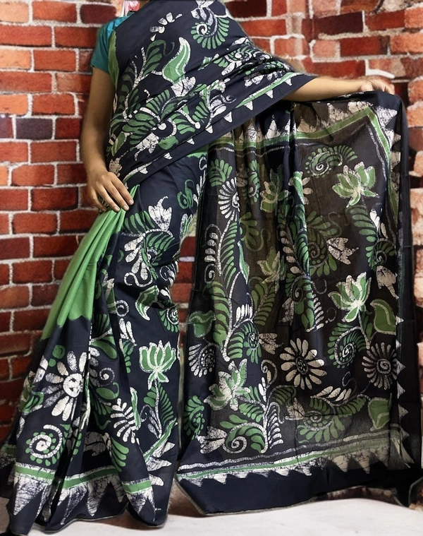 SKU-0154, Pure Cotton->Wax Batik->Hand Printing->With Blouse Piece - Normal Length 6.3 mtr Plus, Green, Hand Print, Hand Wash, Yes