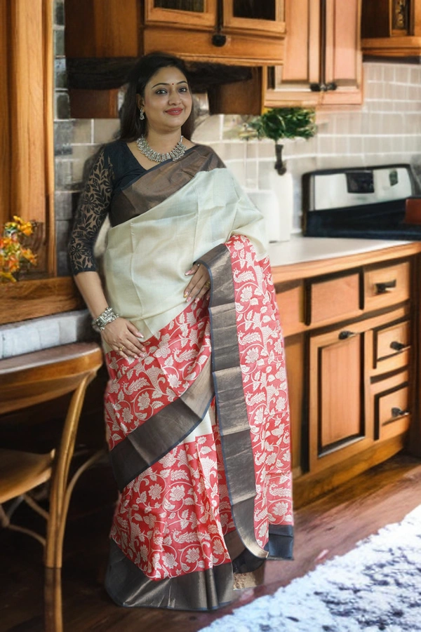SKU-0182, Tussar->Block Printing->With Blouse Piece - Normal Length 6.5 mtr, Multi Color, Block Print, Abstract Print, All, Yes