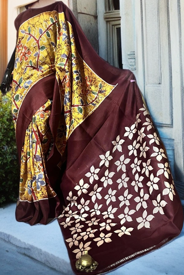 SKU-0165, Pure Silk->Wax Batik->Hand Printing->With Blouse Piece - Normal Length 6.3 mtr Plus, Yellow, Hand Print, Hand Wash, Yes