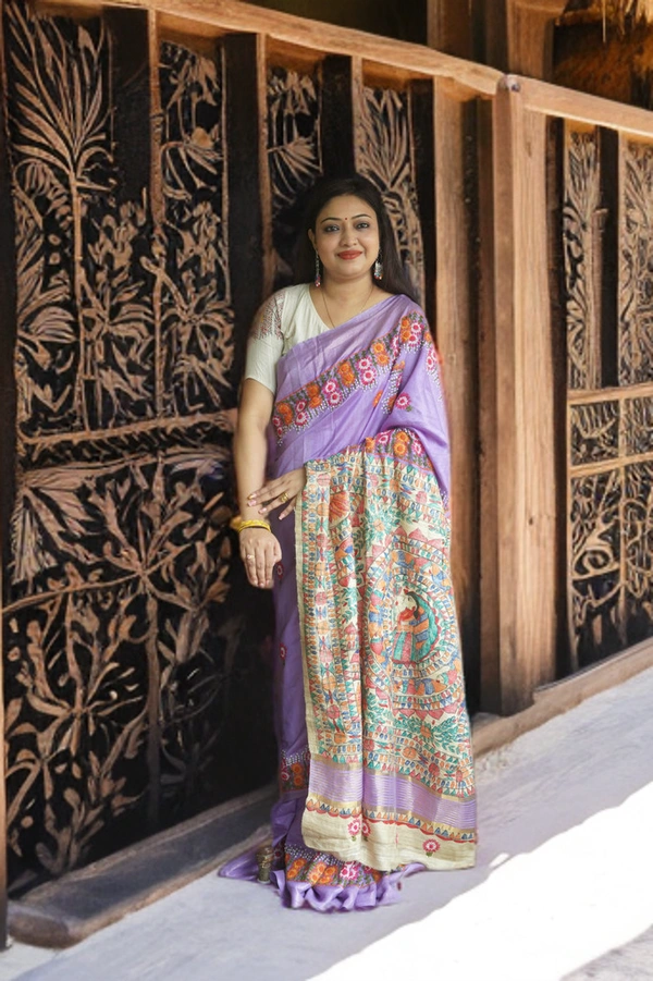 SKU-0177, Tussar->Chickonkari->Madhubani Printing->With Blouse Piece - Normal Length 6.5 mtr, Lavender, Madhubani / Warli, Dry Clean Only, Yes