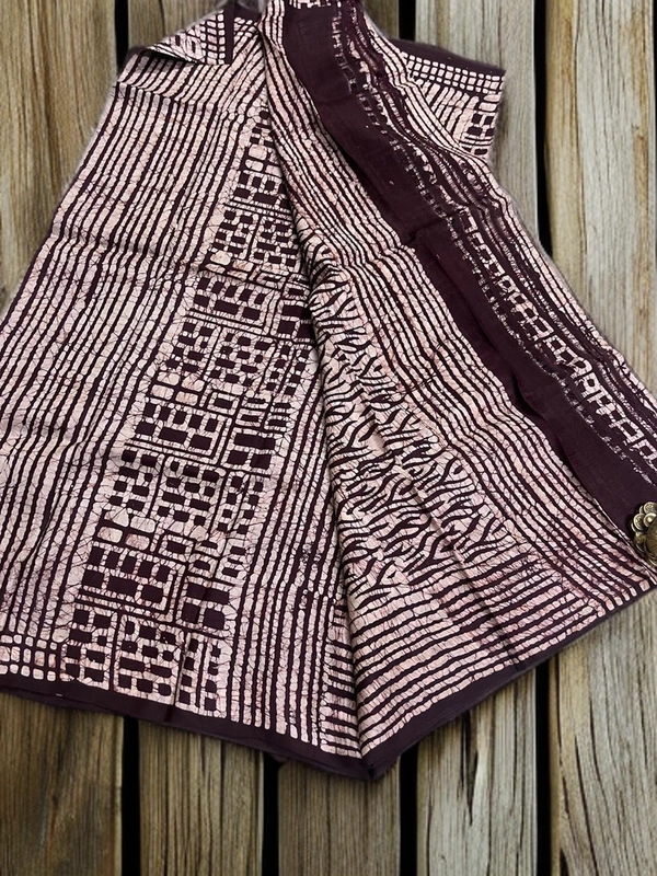 SKU-0167, Pure Silk->Wax batik->Block Printing->With Blouse Piece - Normal Length 6.3 mtr Plus, Chocolate, Block Print, Abstract Print, Hand Wash, Yes