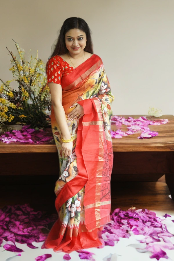 SKU-0181, Tussar-kosa->Kalamkari->Hand Printing->With Blouse Piece - Normal Length 6.5 mtr, Multi Color, Kalamkari, Hand Print, Dry Clean Only, Yes
