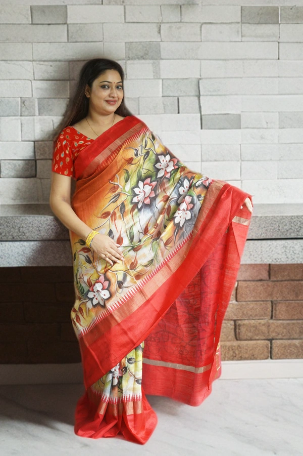 SKU-0181, Tussar-kosa->Kalamkari->Hand Printing->With Blouse Piece - Normal Length 6.5 mtr, Multi Color, Kalamkari, Hand Print, Dry Clean Only, Yes