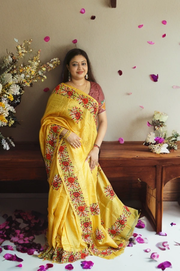 SKU-0179, Tussar->Parsi Work->Hand Stitch->With Blouse Piece - Normal Length 6.5 mtr, Yellow, Designer/Contemporary, Dry Clean Only, Yes