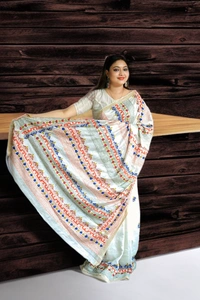 SKU-0175, Resham Matka->Gujrati Lambani->Hand Stitch->With Blouse Piece - Normal Length 6.5 mtr, White, Designer/Contemporary, Dry Clean Only, Yes