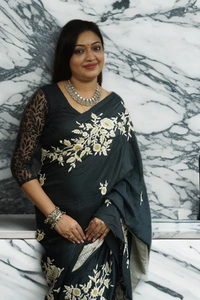 SKU-0186, Pure Silk->Parsi Embroidery->Hand Stitch->With Blouse Piece - Normal Length 6.3 mtr, Black, Designer/Contemporary, Dry Clean Only, Yes