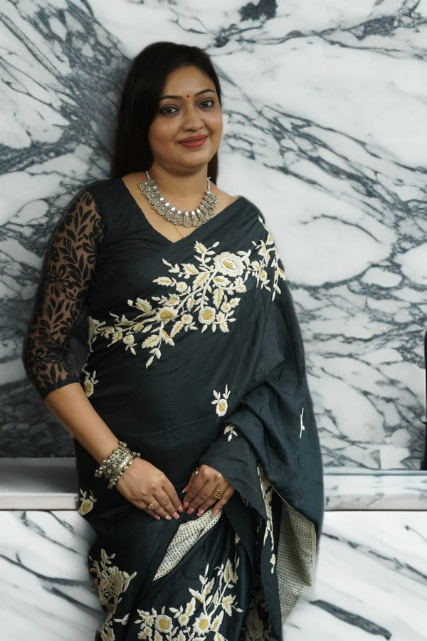 SKU-0186, Pure Silk->Parsi Embroidery->Hand Stitch->With Blouse Piece - Normal Length 6.3 mtr, Black, Designer/Contemporary, Dry Clean Only, Yes
