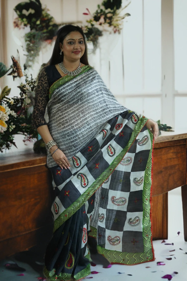 SKU-0183, Pure Silk->Mix And Match Block With Gujrati Print->Hand Stitch->With Blouse Piece - Normal Length 6.3 mtr, Black, Designer/Contemporary, Dry Clean Only, Yes