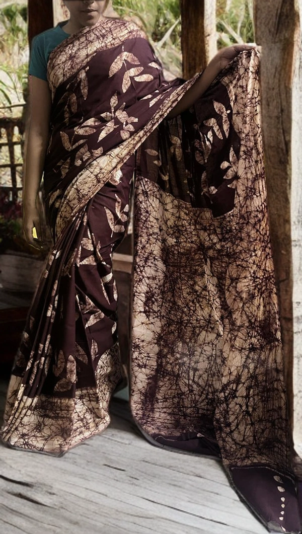 SKU-0170, Pure Cotton->Wax Batik->Hand Printing->With Blouse Piece - Normal Length 6.3 mtr Plus, Chocolate, Hand Print, Hand Wash, Yes