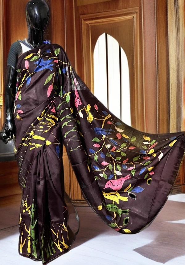 SKU-0171, Pure Silk->Wax Batik->Hand Printing->With Blouse Piece - Normal Length 6.3 mtr Plus, Chocolate, Hand Print, Hand Wash, Yes