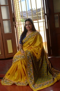 SKU-0303 -> Kantha Stich -> Gujrati Works - Katan fourply Silk -> Embroidered Border. - Yellow, Geometric, Dry Clean Only, Yes