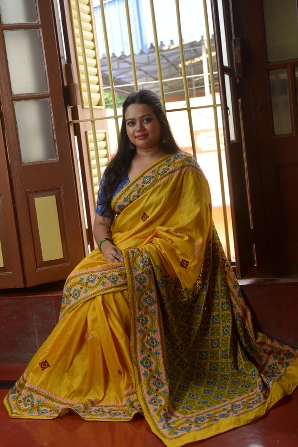 SKU-0303 -> Kantha Stich -> Gujrati Works - Katan fourply Silk -> Embroidered Border. - Yellow, Geometric, Dry Clean Only, Yes
