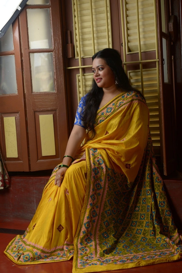 SKU-0303 -> Kantha Stich -> Gujrati Works - Katan fourply Silk -> Embroidered Border. - Yellow, Geometric, Dry Clean Only, Yes