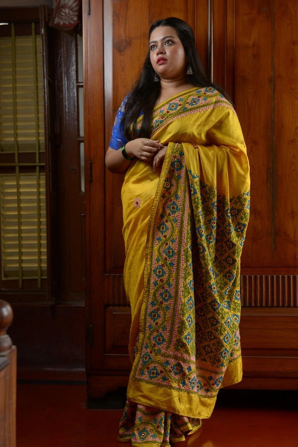 SKU-0303 -> Kantha Stich -> Gujrati Works - Katan fourply Silk -> Embroidered Border. - Yellow, Geometric, Dry Clean Only, Yes
