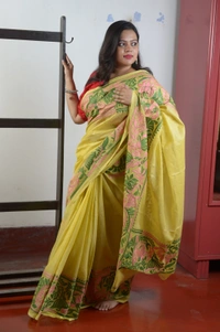 SKU-305 -> Tussar Cotton-> Kantha Stich -> Kantha Border - Golden, Floral, Dry Clean Only, Yes