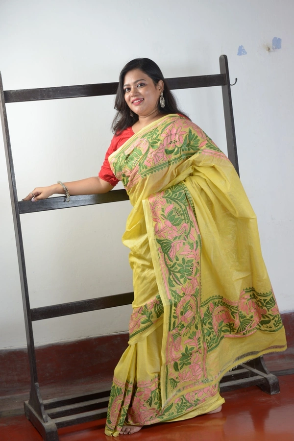 SKU-305 -> Tussar Cotton-> Kantha Stich -> Kantha Border - Golden, Floral, Dry Clean Only, Yes