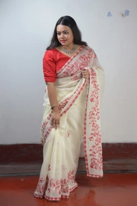 SKU-306 -> Tant -> Pure Cotton -> Dhanekhali -> Applic Work Border - White, Applic Work, Dry Clean Only, Yes