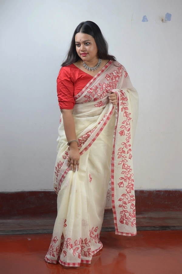SKU-306 -> Tant -> Pure Cotton -> Dhanekhali -> Applic Work Border - White, Applic Work, Dry Clean Only, Yes