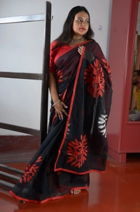 SKU-0307 -> Pure Cotton -> Dhanekhali -> Applic Work Border - Black, Applic Work, Dry Clean Only, Yes