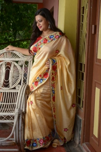 SKU-0309 -> Silk -> Pure Chanderi Silk -> Embroidered Border - Golden, Floral, Dry Clean Only, Yes