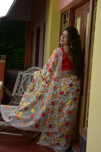 SKU-0310 -> Silk - Pure Silk -> Dhanekhali -> Parsi Stich  - White, Floral, Dry Clean Only, Yes
