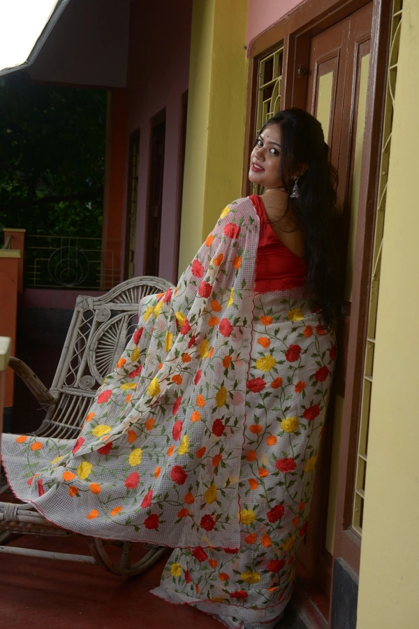 SKU-0310 -> Silk - Pure Silk -> Dhanekhali -> Parsi Stich  - White, Floral, Dry Clean Only, Yes