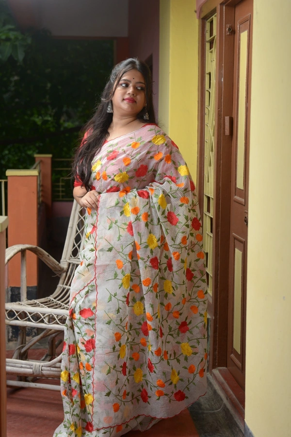 SKU-0310 -> Silk - Pure Silk -> Dhanekhali -> Parsi Stich  - White, Floral, Dry Clean Only, Yes