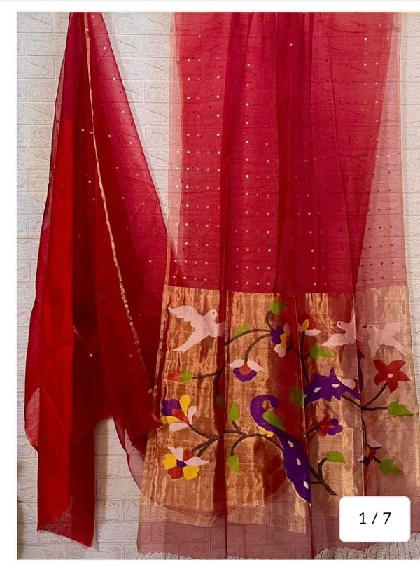  SKU-0511 -> Paithani Saree -> Handloom - Red, Bird Motive, Hand Wash, Yes
