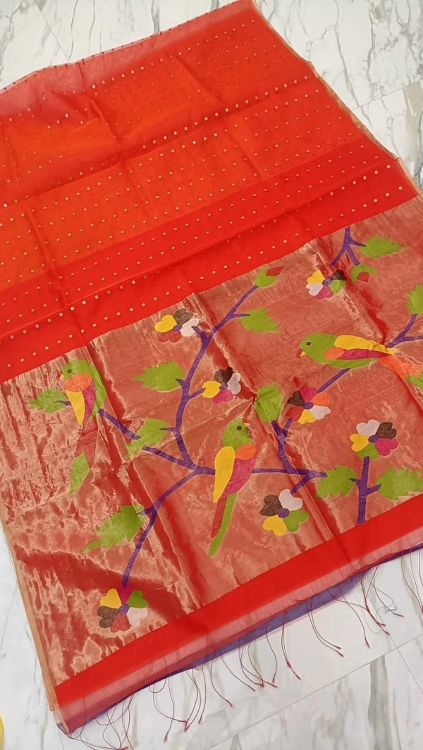 SKU-0512 -> Paithani Saree -> Handloom - Orange, Bird Motive, Hand Wash, Yes