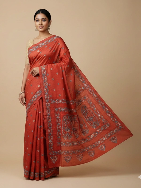 SKU0900 : Pure Silk Kantha Stitch Saree – Handcrafted Bengal - Kantha Stitch, Dry Clean Only, Yes