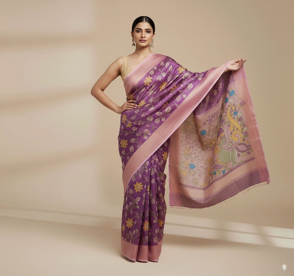 SKU0808: Elegant Pure Tussar Silk Saree – Handwoven | Jori Work | Kalamkari - Kalamkari, Dry Wash Only, Yes